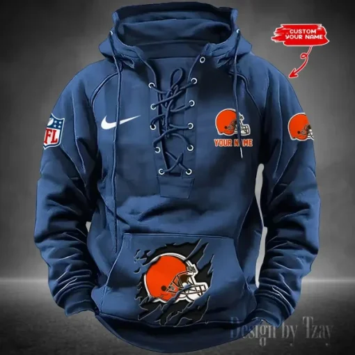 Cleveland Browns Lace-Up Cross V-Neck Drawstring Hoodie - Image 4