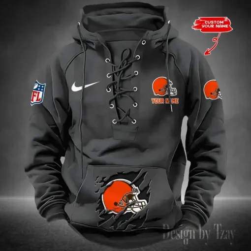 Cleveland Browns Lace-Up Cross V-Neck Drawstring Hoodie - Image 5