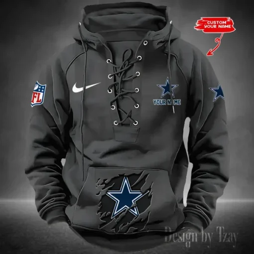 Dallas Cowboys Lace-Up Cross V-Neck Drawstring Hoodie - Image 2