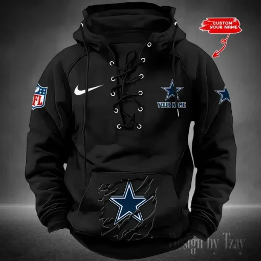 Dallas Cowboys Lace-Up Cross V-Neck Drawstring Hoodie - Image 3