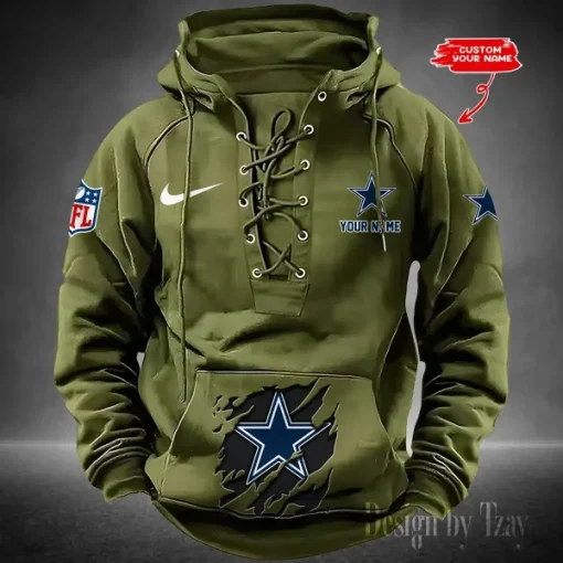Dallas Cowboys Lace-Up Cross V-Neck Drawstring Hoodie - Image 5