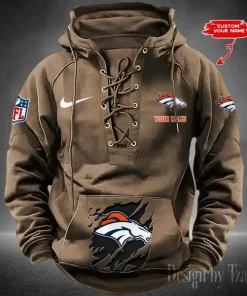 Denver Broncos Lace-Up Cross V-Neck Drawstring Hoodie