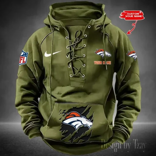 Denver Broncos Lace-Up Cross V-Neck Drawstring Hoodie - Image 2
