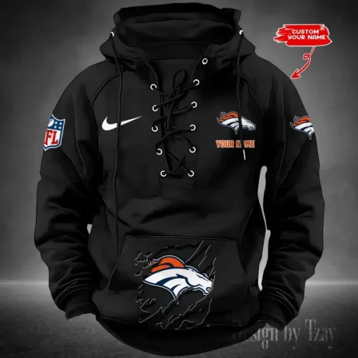 Denver Broncos Lace-Up Cross V-Neck Drawstring Hoodie - Image 3