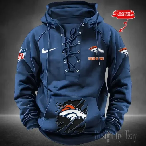 Denver Broncos Lace-Up Cross V-Neck Drawstring Hoodie - Image 4