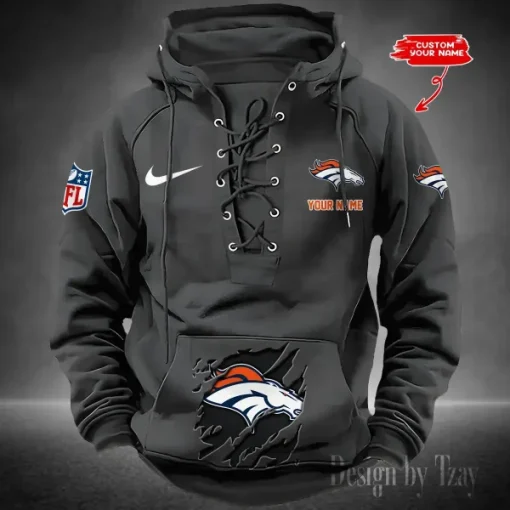 Denver Broncos Lace-Up Cross V-Neck Drawstring Hoodie - Image 5