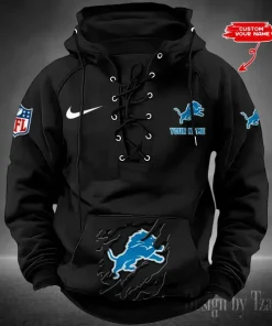 Detroit Lions Lace-Up Cross V-Neck Drawstring Hoodie