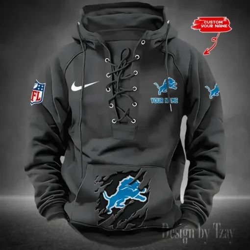 Detroit Lions Lace-Up Cross V-Neck Drawstring Hoodie - Image 2