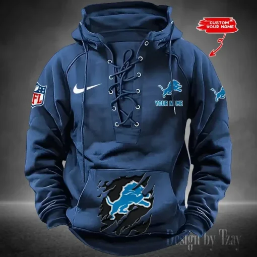 Detroit Lions Lace-Up Cross V-Neck Drawstring Hoodie - Image 3