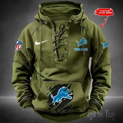 Detroit Lions Lace-Up Cross V-Neck Drawstring Hoodie - Image 5