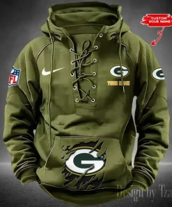 Green Bay Packers Lace-Up Cross V-Neck Drawstring Hoodie