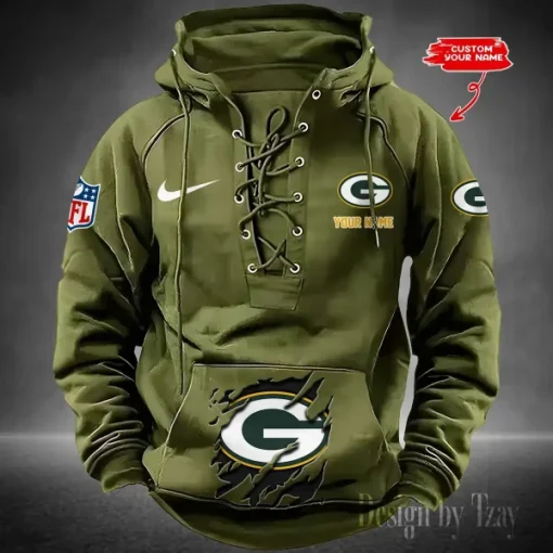 Green Bay Packers Lace-Up Cross V-Neck Drawstring Hoodie