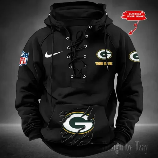 Green Bay Packers Lace-Up Cross V-Neck Drawstring Hoodie - Image 2