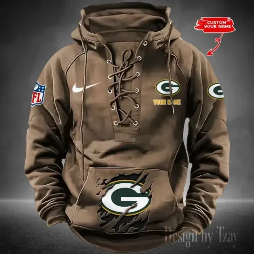 Green Bay Packers Lace-Up Cross V-Neck Drawstring Hoodie - Image 3