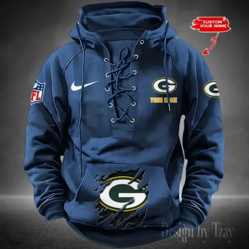 Green Bay Packers Lace-Up Cross V-Neck Drawstring Hoodie - Image 4