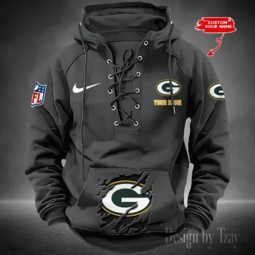 Green Bay Packers Lace-Up Cross V-Neck Drawstring Hoodie - Image 5