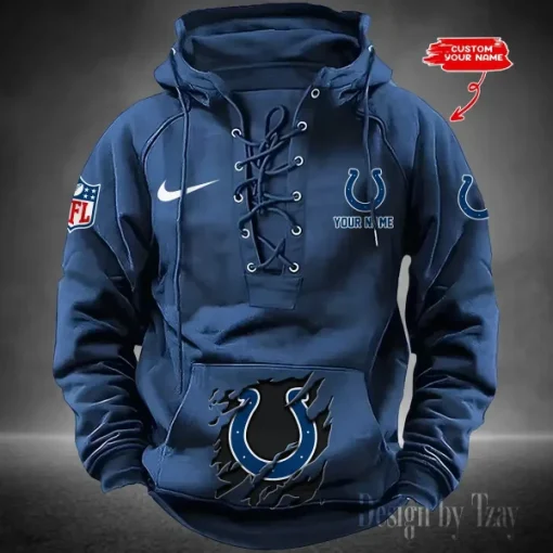 Indianapolis Colts Lace-Up Cross V-Neck Drawstring Hoodie - Image 2