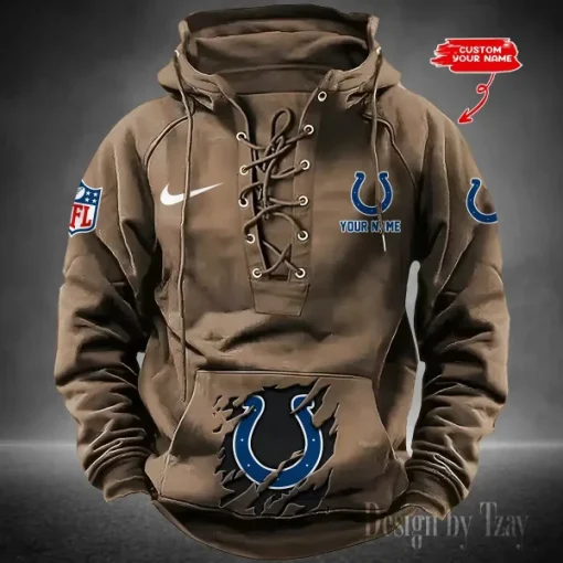 Indianapolis Colts Lace-Up Cross V-Neck Drawstring Hoodie - Image 3