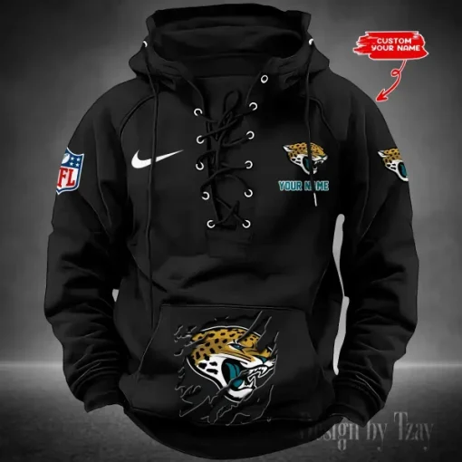 Jacksonville Jaguars Lace-Up Cross V-Neck Drawstring Hoodie - Image 3