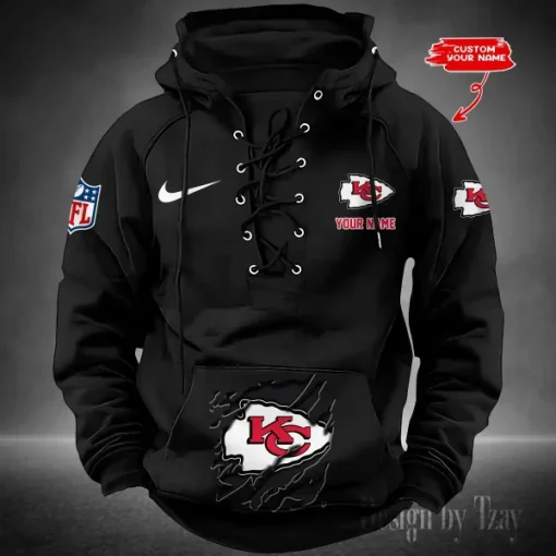 Kansas City Chiefs Lace-Up Cross V-Neck Drawstring Hoodie