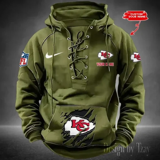 Kansas City Chiefs Lace-Up Cross V-Neck Drawstring Hoodie - Image 2