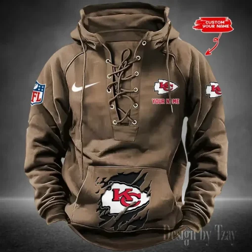 Kansas City Chiefs Lace-Up Cross V-Neck Drawstring Hoodie - Image 3