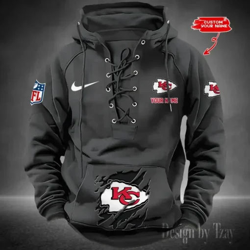 Kansas City Chiefs Lace-Up Cross V-Neck Drawstring Hoodie - Image 5