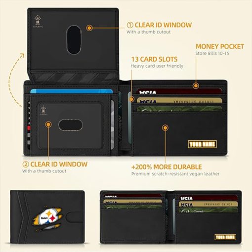 Pittsburgh Steelers - Personalized Football RFID Blocking Leather 2 ID Window Wallet - Image 5